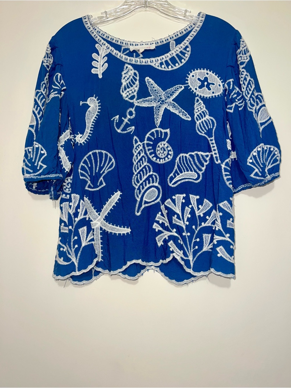 Solitaire Embroidered Blouse Navy White 3/4 Sleeve Beachy Nautical Scallop Hem M